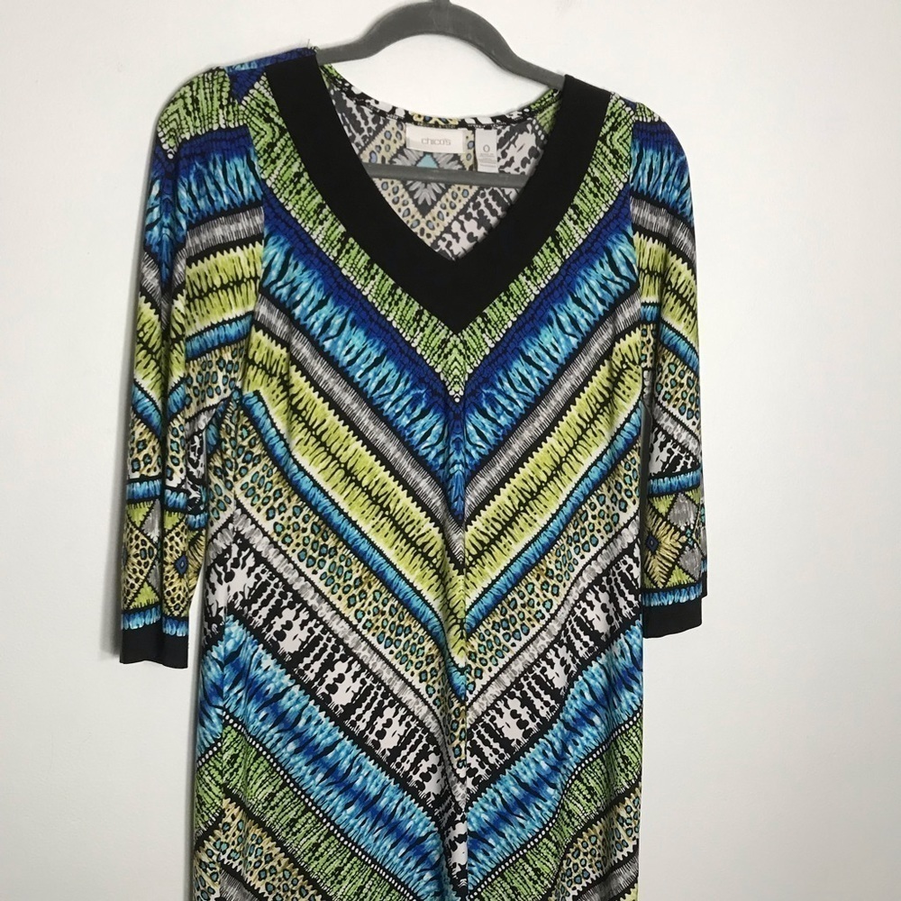 CHICOS 0 Small/ 4 Vibrant Multicolor Neon Green Lightweight Slinky Shift Dress - Picture 3 of 8
